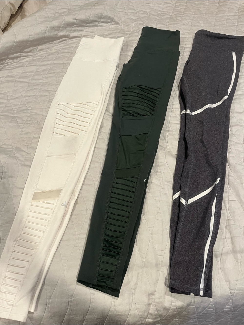 Alo Women’s Legging Bundle - White and Dark Green Moto and Gray/White Stripe